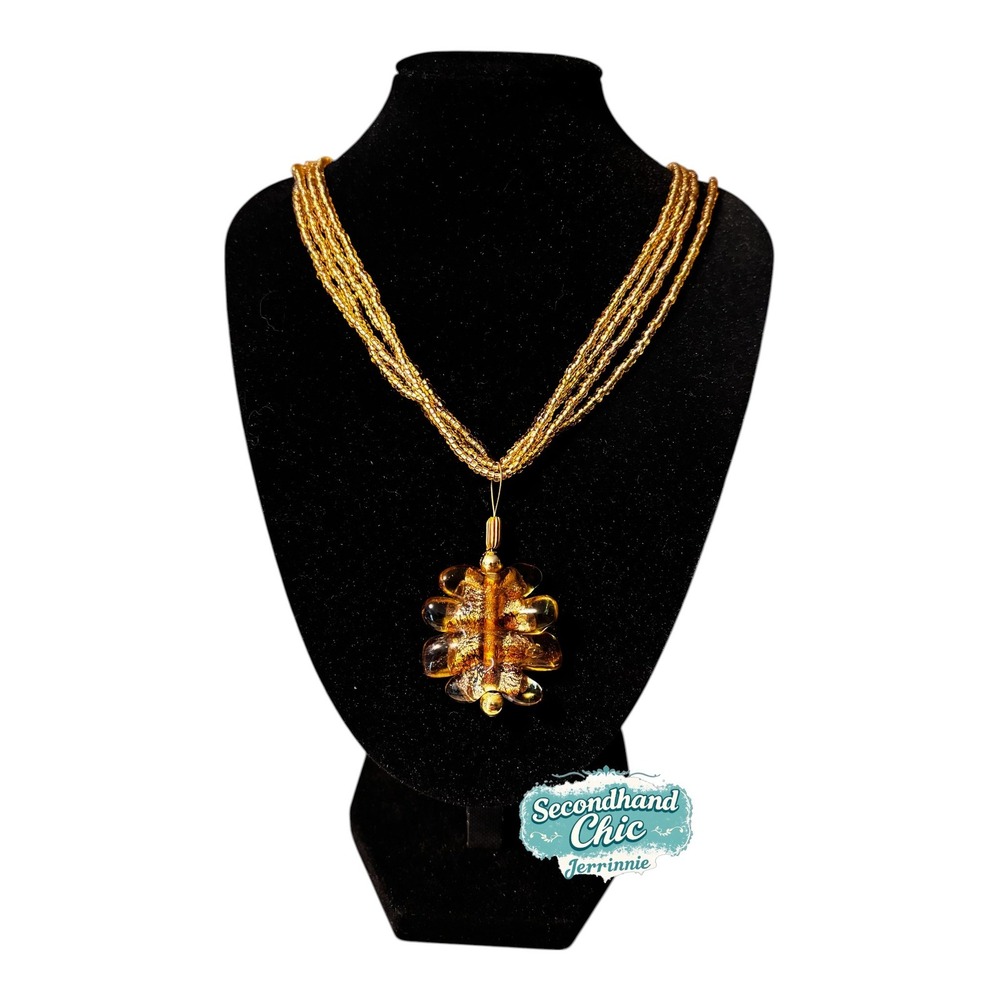 Vintage Murano Style Art Glass Leaf Pendant Necklace Multi Strand Gold Seed Bead